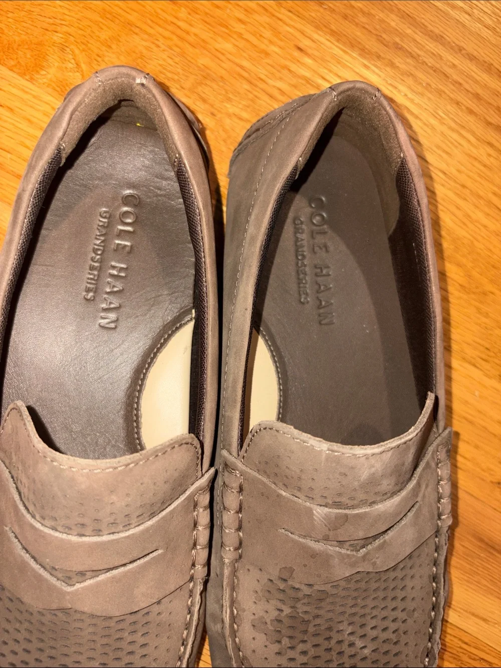 NWOT Cole Haan Men's Perforated Suede Penny Loafers - Taupe Gray